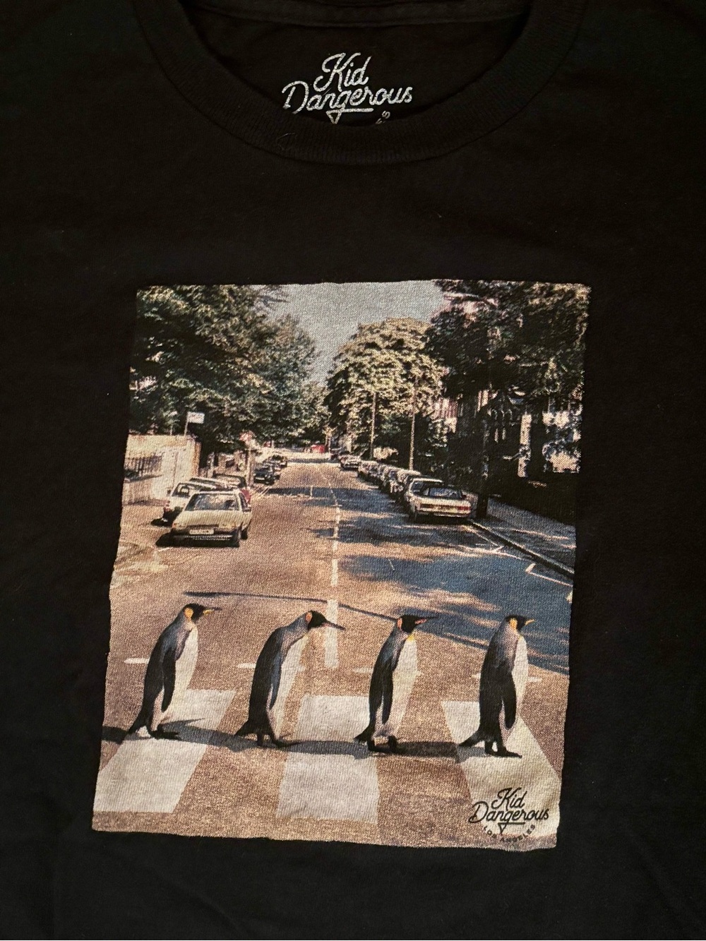 Kid Dangerous Black Tee with Multicolor Penguin Abbey Road Graphic